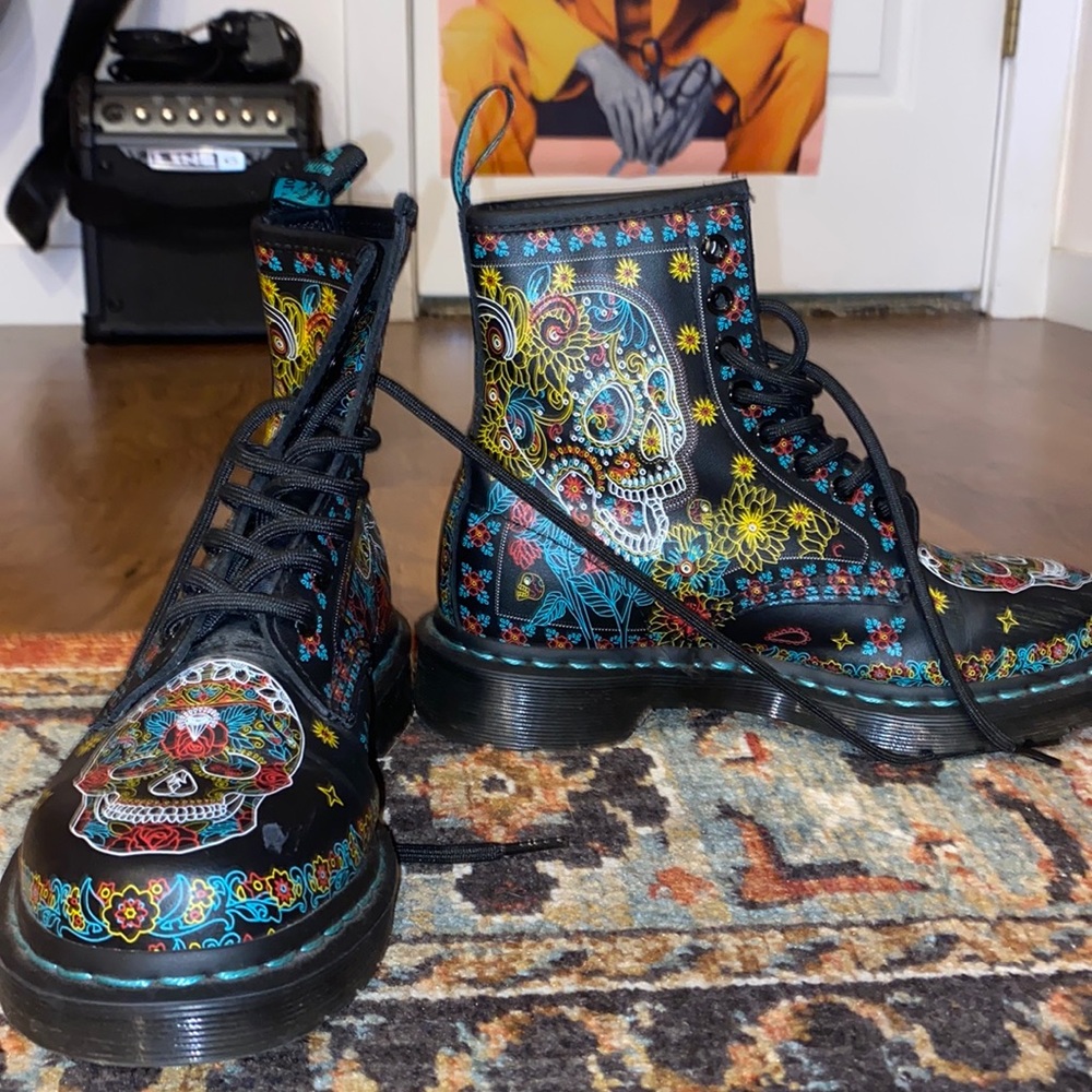 day of the dead doc martens - all black with teal stitching